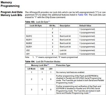 Datenblatt Ausschnitt ATmega16 Lock Bits
