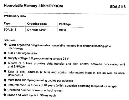 Datenblatt Ausschnitt Nonvolatile Memory SDA 2116