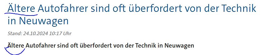 Textzeilen über ältere Autofahrer und Technik