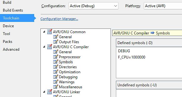 Microchip Studio AVR/GNU C Compiler Einstellungen