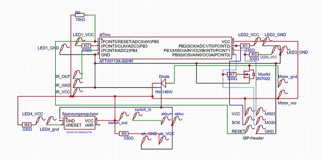 Schaltplan mit ATtiny13A, Spannungsregler und Motorsteuerung