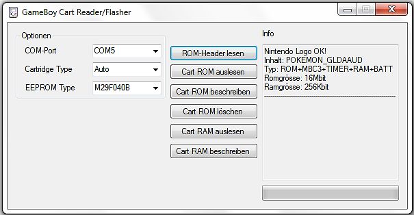 Softwareoberfläche eines GameBoy Cart Reader/Flasher