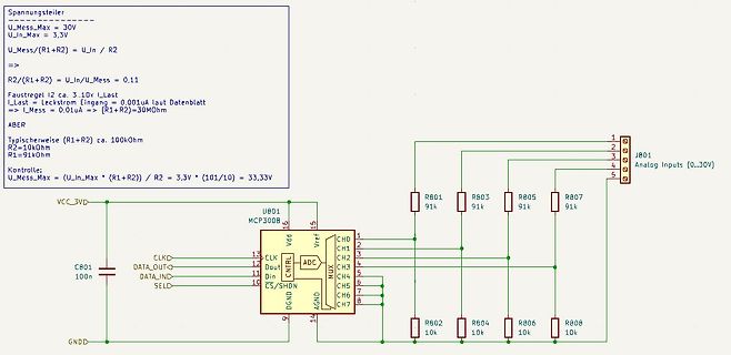 Schaltplan mit Berechnungen für Spannungsteiler und ADC