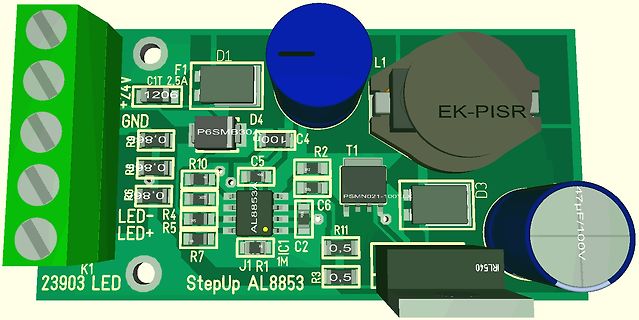CAD-Ansicht einer StepUp AL8853 Leiterplatte