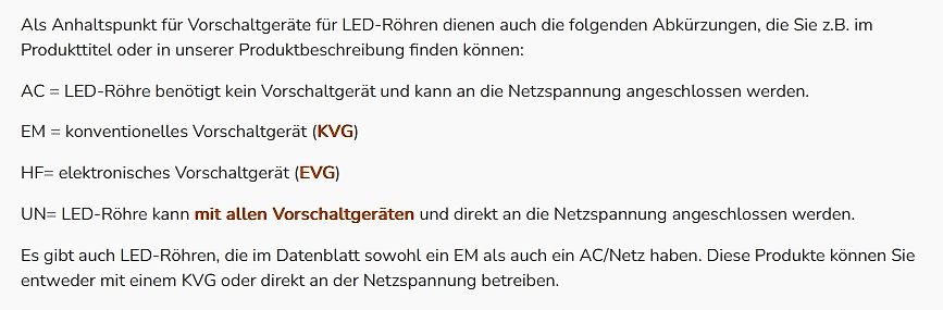 Erklärung von Abkürzungen für LED-Röhren Vorschaltgeräte