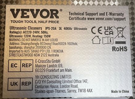 Typenschild eines VEVOR Ultraschallreinigers