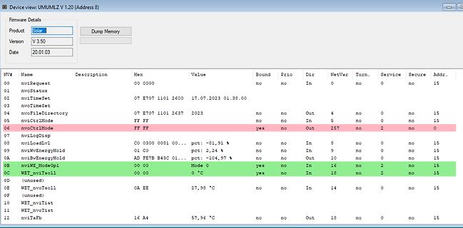 Software-Ansicht von Gerätedaten und Registerwerten