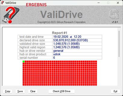 Softwarebericht von ValiDrive zur USB-Speicherkapazitätsprüfung