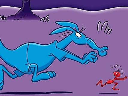 Comic von blauem Tier und roter Ameise
