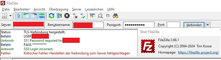 FileZilla Fehlermeldung Login incorrect
