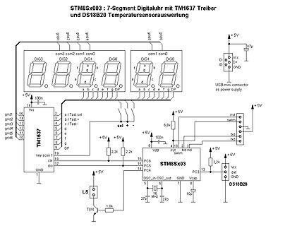 Schaltplan STM8Sx003 mit TM1637 und DS18B20