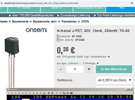 Screenshot eines Onsemi N-Kanal J-FET im Onlineshop