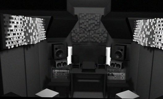 3D-Modell eines Tonstudios mit Lautsprechern und Mischpult
