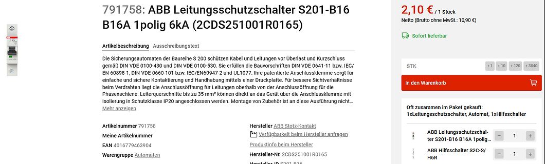 Webshop-Produktseite eines ABB Leitungsschutzschalters