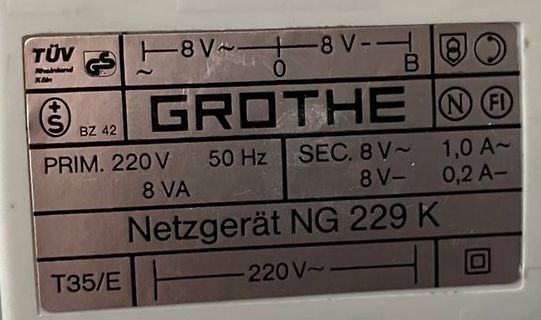 Typenschild eines Grothe Netzteils