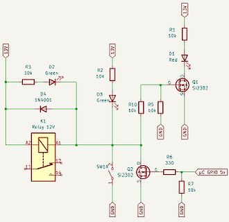 Schaltplan mit Relais, MOSFETs und LEDs