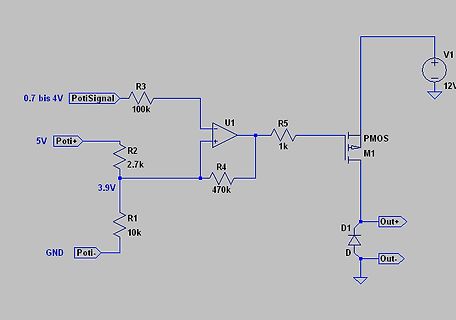 Schaltplan einer Spannungsregelung mit PMOS-Transistor