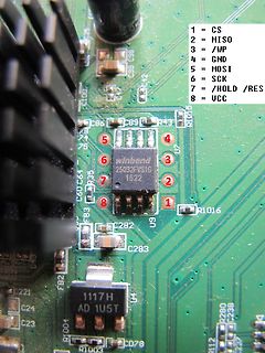 Nahaufnahme eines Winbond Flash-Speicherchips auf einer Leiterplatte