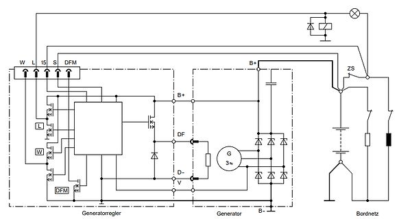 Schaltplan eines Generatorreglers und Generators