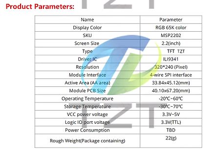 Tabelle mit Produktspezifikationen eines Displays