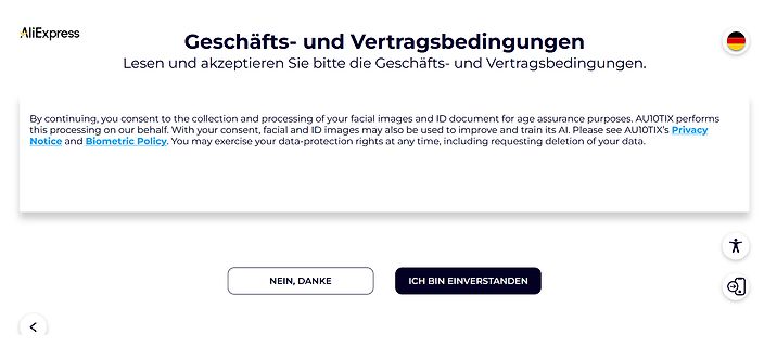 AliExpress Geschäfts- und Vertragsbedingungen Einverständniserklärung
