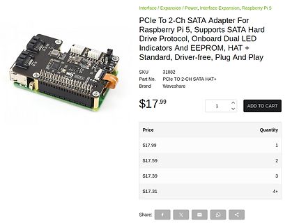 Produktseite eines PCIe zu SATA Adapters für Raspberry Pi 5