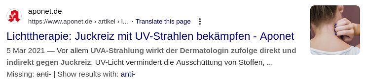 Google Suchergebnis zu Lichttherapie gegen Juckreiz
