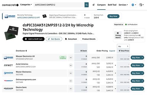 Screenshot einer Website für elektronische Bauteile