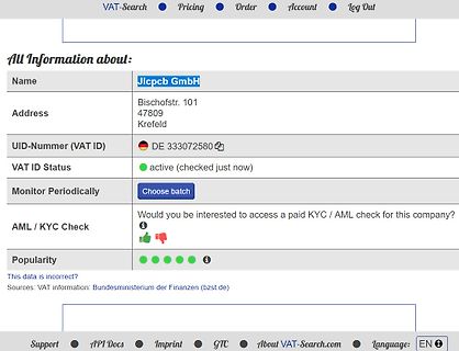 Screenshot einer Webseite mit Firmeninformationen