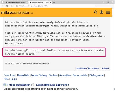 Screenshot eines Forenbeitrags auf mikrocontroller.net