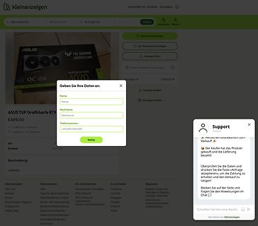Screenshot einer Kleinanzeigen-Webseite mit Pop-up-Formular