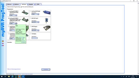 Screenshot der Software myAVR ProgTool V1.56