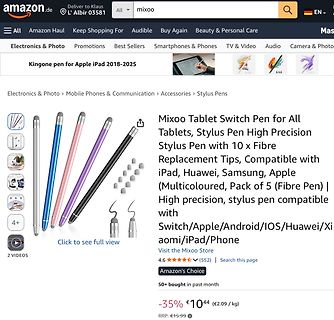 Amazon Produktseite für Mixoo Tablet Stylus Pens