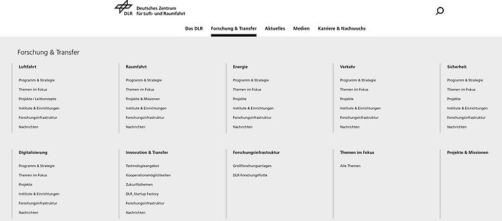 Screenshot der DLR Webseite Forschungs- und Transferbereiche