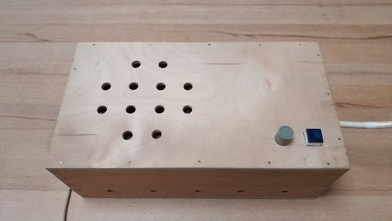 Holzgehäuse mit Lochmuster, Drehknopf und Schalter