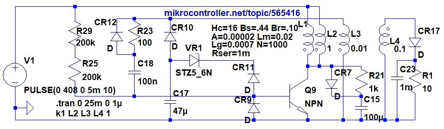 Schaltplan einer elektronischen Schaltung mit Transistor und Spulen