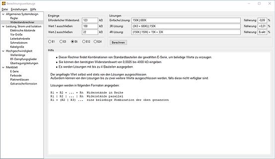 Screenshot eines Online-Rechners für Widerstandskombinationen