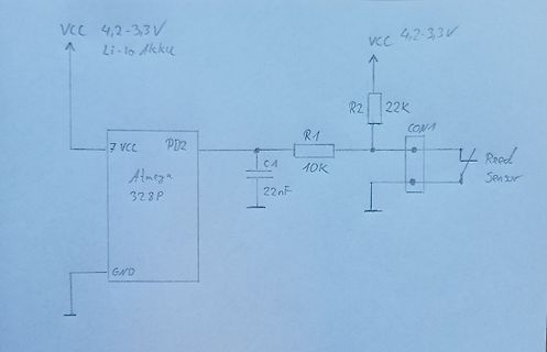 Handgezeichneter Schaltplan mit ATmega328P und Reed-Sensor