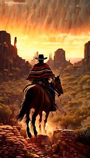 Reiter auf Pferd in Wüstenlandschaft bei Sonnenuntergang