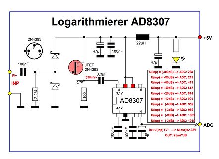 Schaltplan eines Logarithmierers mit AD8307