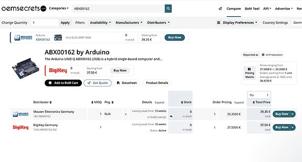 Webseite von oemsecrets.com für Arduino ABX00162