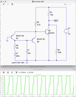Schaltplan und Oszilloskop-Simulation eines Transistorschalters