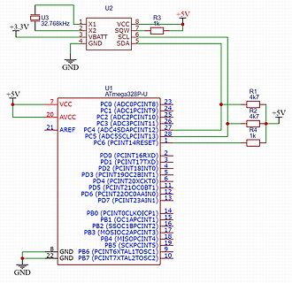 Schaltplan mit ATmega328P und RTC-Modul