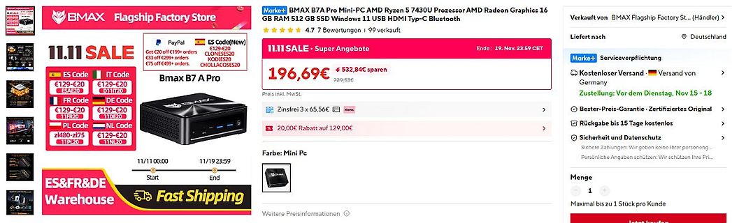 Screenshot eines Online-Shops für einen Mini-PC