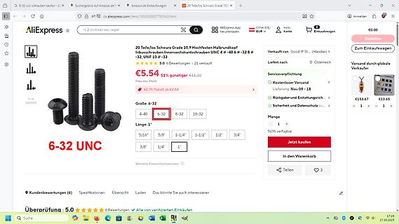 AliExpress Produktseite für Schrauben
