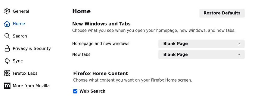 Firefox Home Einstellungen Menü