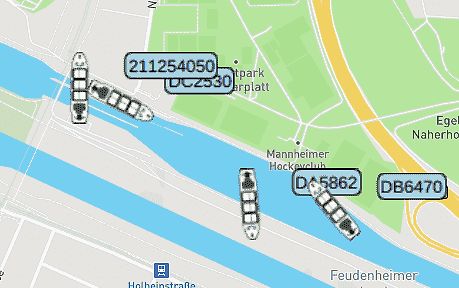 Kartenausschnitt mit Schiffspositionen auf einem Fluss