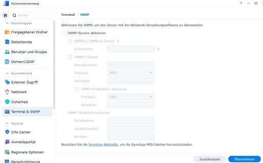 Software-Einstellungsseite für SNMP-Konfiguration