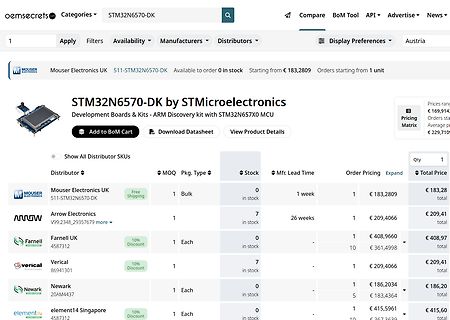 Webseite von oemsecrets mit Preisvergleich für STM32N6570-DK