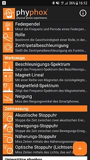 Menü der Phyphox App